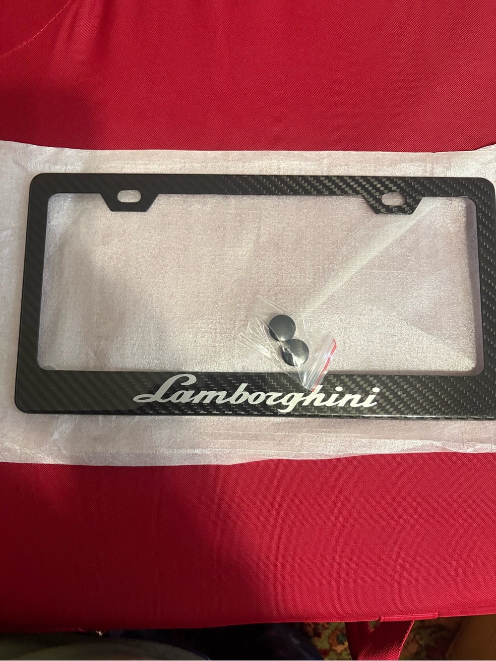 Lamborghini Black Carbon Fiber-Style License Plate Frame with White Logo only 1